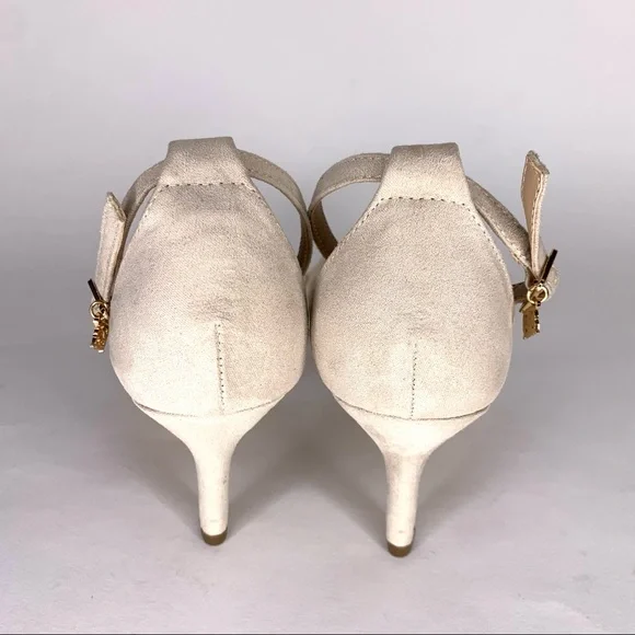 Nanette Lepore Ankle Strap Sandal ‘Beauty’ Heel Crochet Detail Faux Suede Tan 8 - Picture 11 of 14